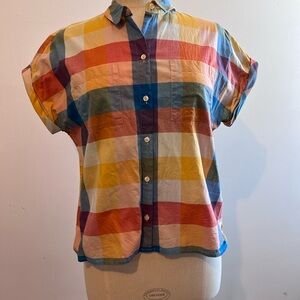 L.L. Bean Signature Colorful Madras Plaid Cotton Button-Up Shirt Cap Sleeve